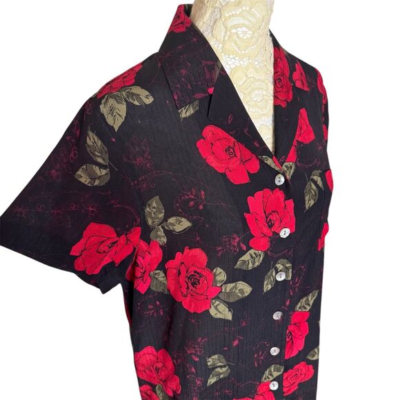 Amanda Smith Petites Silk Blouse Rose Button Front Collared Red Black PS - Picture 3 of 7